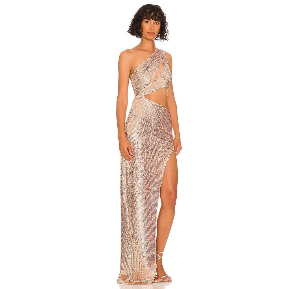 BRONX AND BANCO Ora Dress One shoulder slit Waist cut-out gold M NWT $950msrp